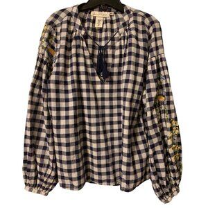 H & M Cotton Peasant Top Womans V Neck Embroidered V Neck Long Sleeve Size 6